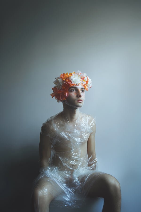 Plástico y flores. Él