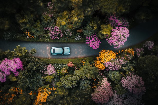 Carretera con flores