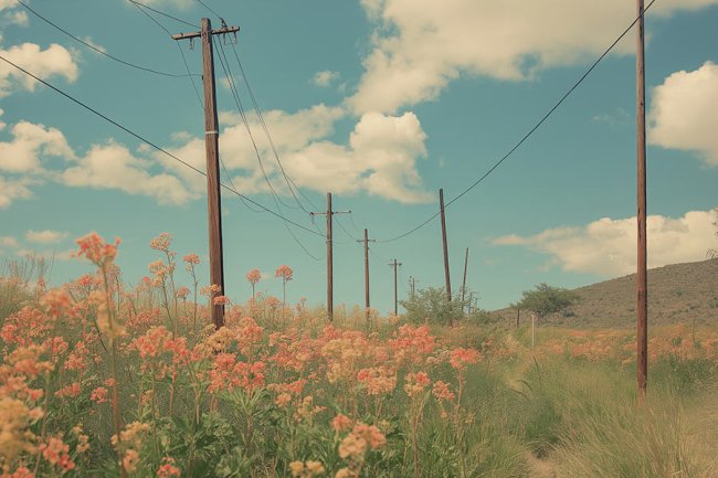 Flores y postes de la luz